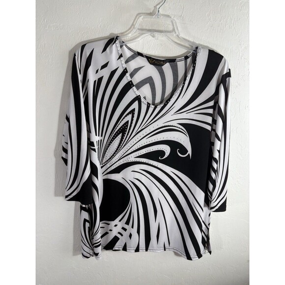 Valentina Black & White Studded Stretch Women Abstract Zebra Print V-Neck Blouse - Picture 1 of 9